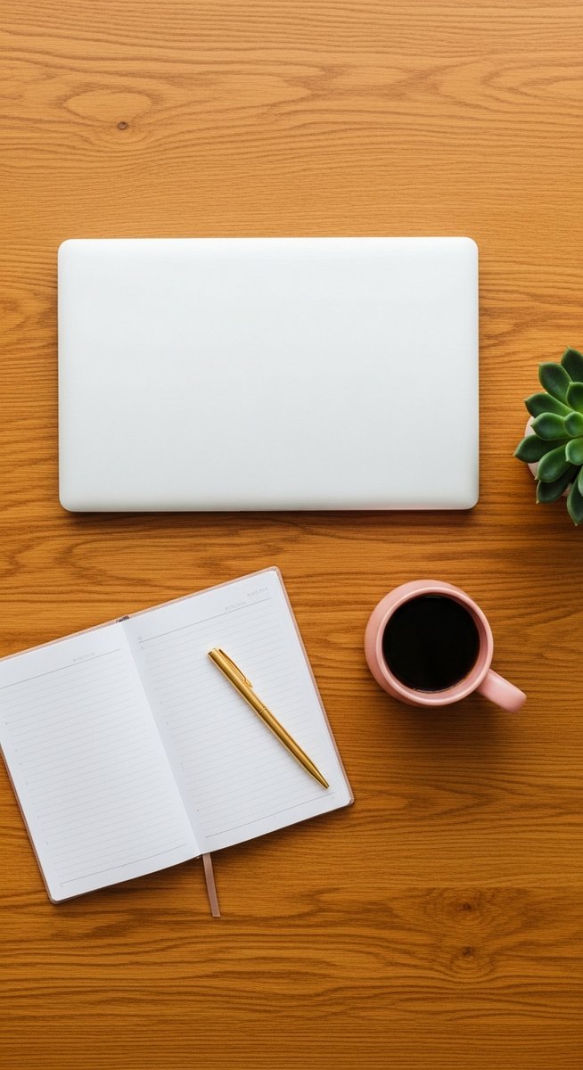 a flatlay of a planner, laptop, and succulent on a wooden surface to work from home