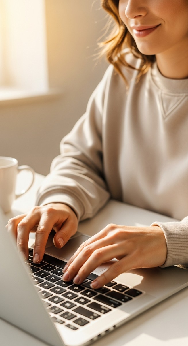 woman typing on a laptop at a bright clean desk