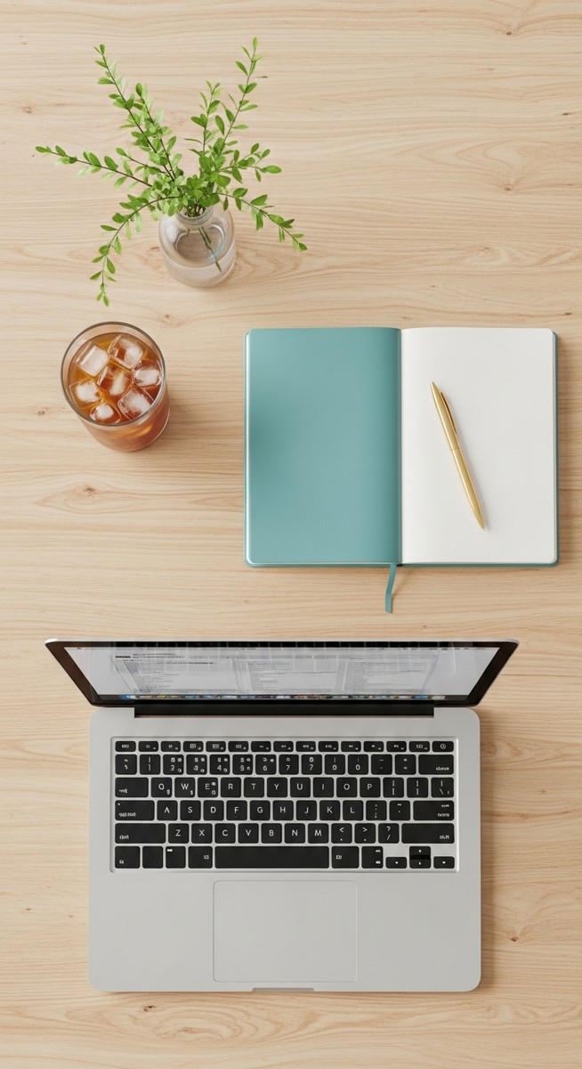 flatlay of a laptop and teal notebook on a wooden desk
