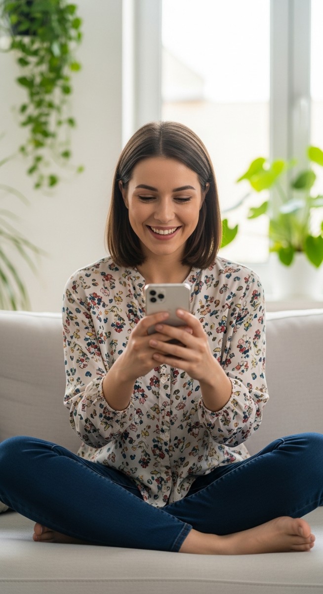 a woman smiling at her phone in a bright living room to work from home