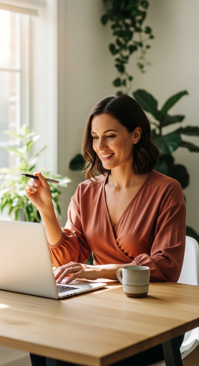 woman smiling and thinking at her home office desk