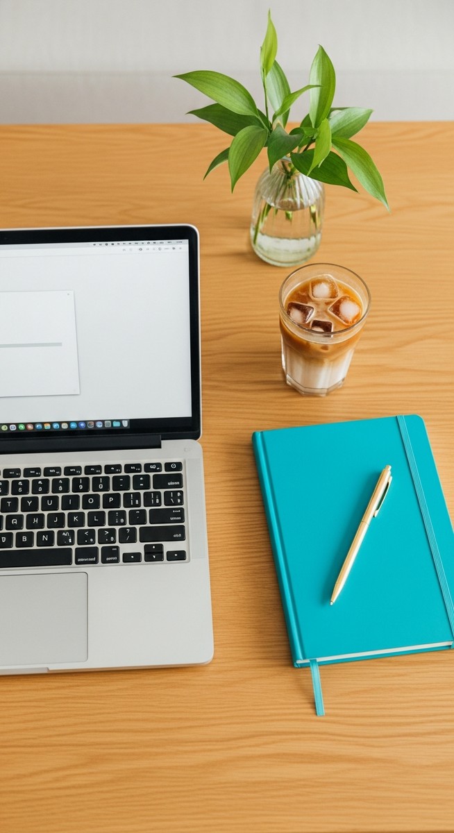 flatlay of a laptop and teal notebook on a wooden desk