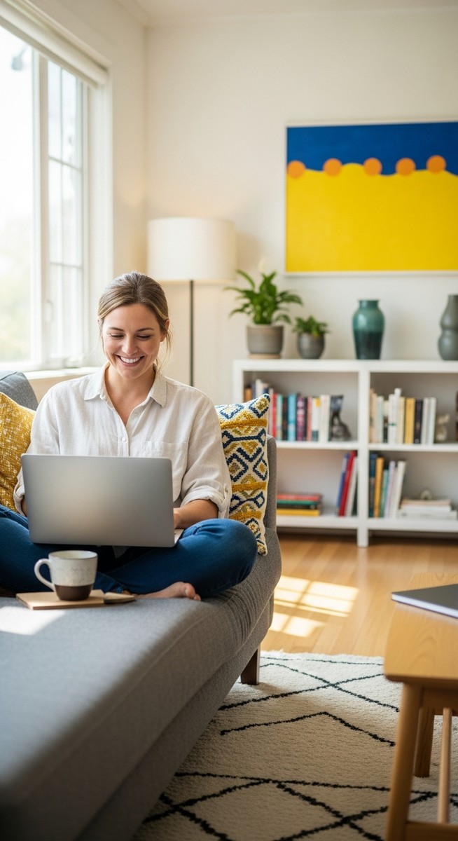 woman smiling while working on her laptop at home
