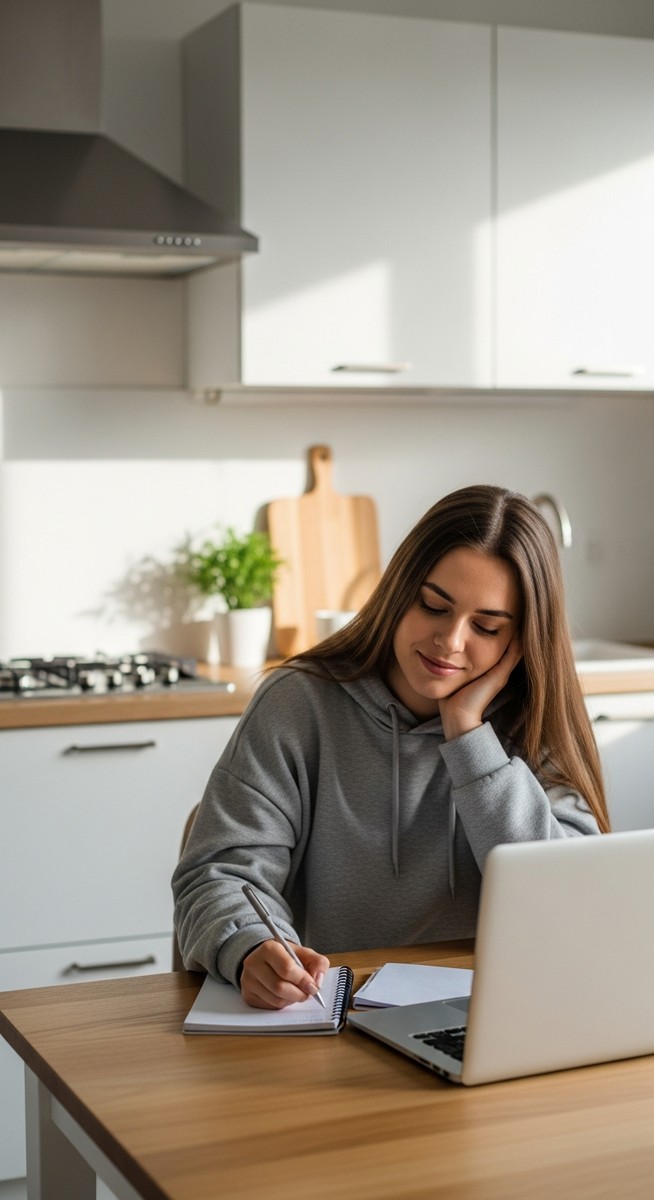 young woman taking notes next to her laptop at a kitchen table