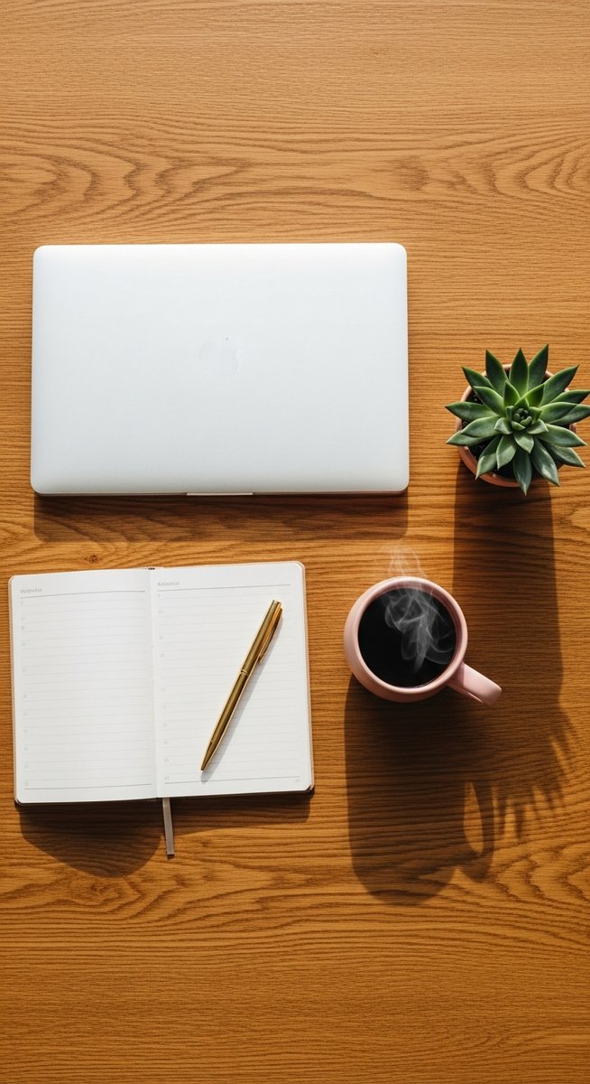 flatlay of a planner, laptop, and succulent on a wooden surface