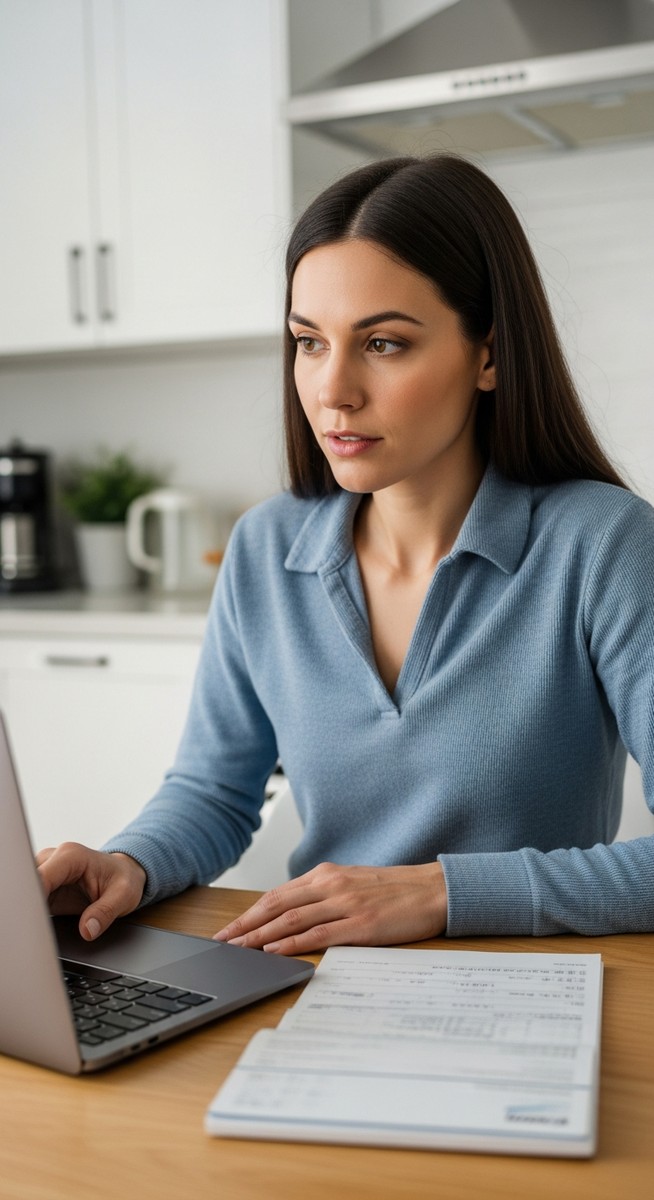 woman with a laptop and cheque book open at a kitchen table