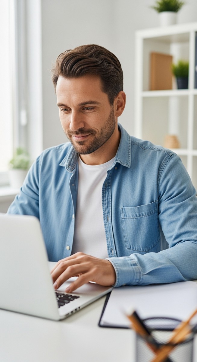 man looking confident and reassured at his laptop at home