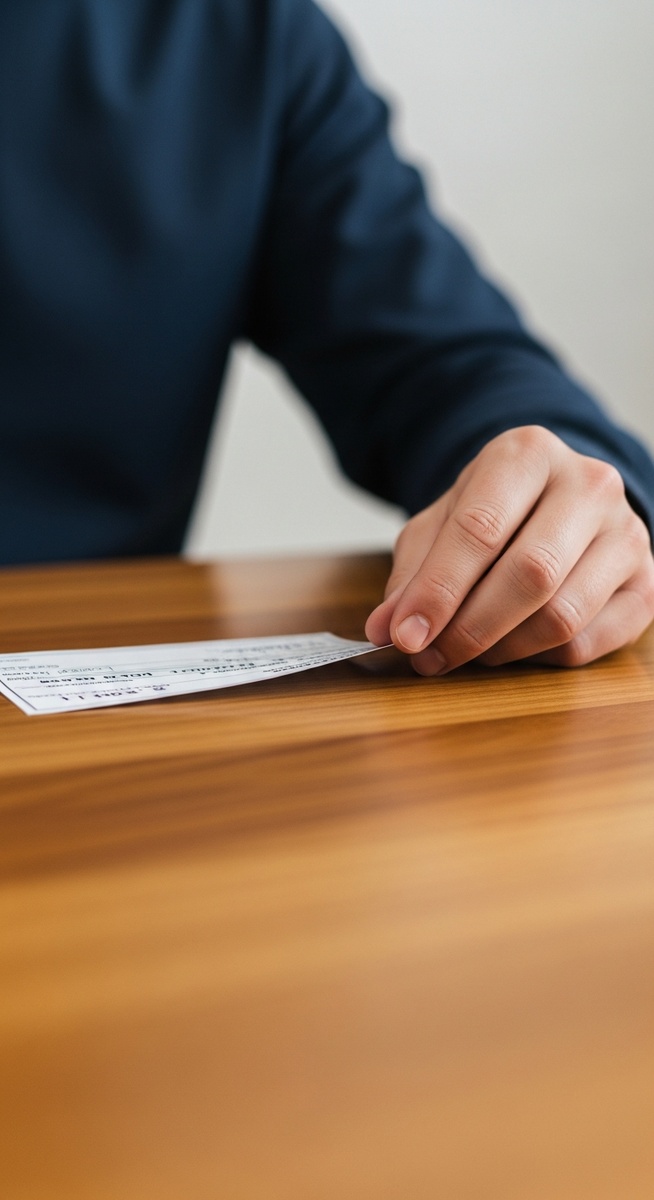 person's hand holding a cheque at a desk