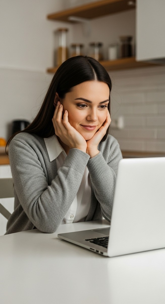 woman looking confident while researching something on her laptop