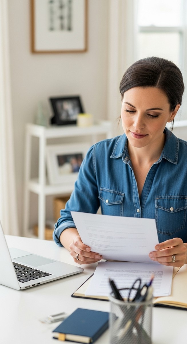 woman reviewing a document alongside her laptop at her desk