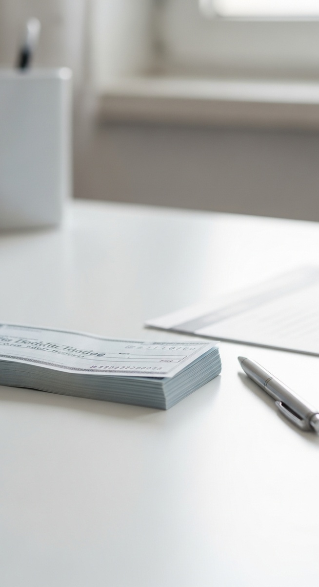 small stack of cheques on a white desk next to a pen