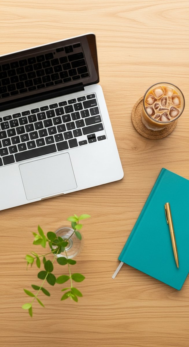 flatlay of a laptop and teal notebook on a wooden desk