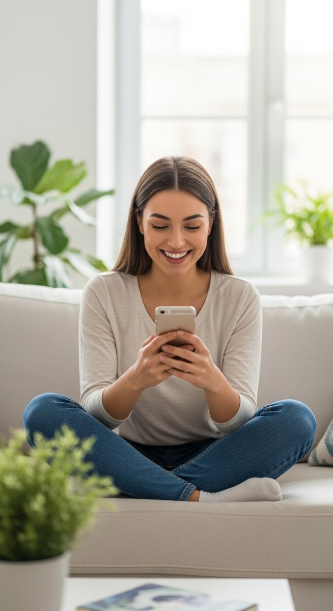 a woman smiling at her phone in a bright living room to make $1,000
