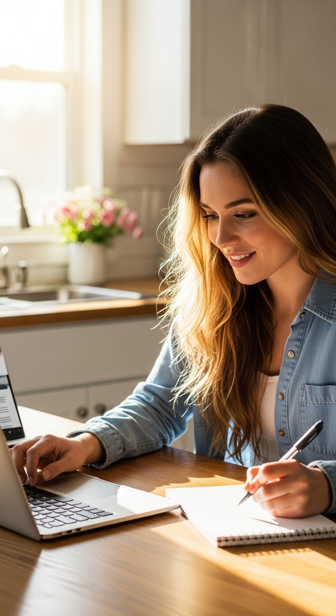 a young woman taking notes next to her laptop at a kitchen table to make $1,000