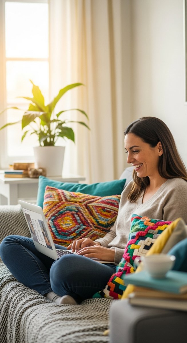 woman smiling while working on her laptop at home