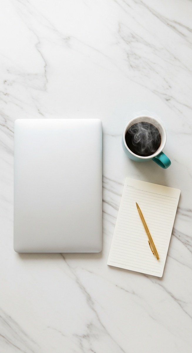 a flatlay of a laptop and teal mug on a marble surface to save $10,000