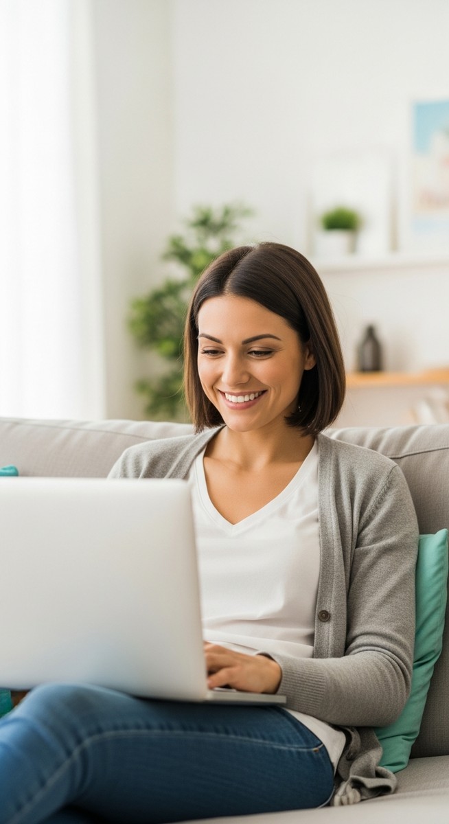 woman smiling while working on her laptop at home