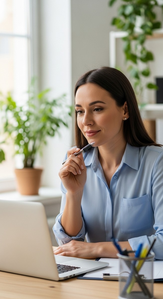 a woman smiling and thinking at her home office desk to save $10,000