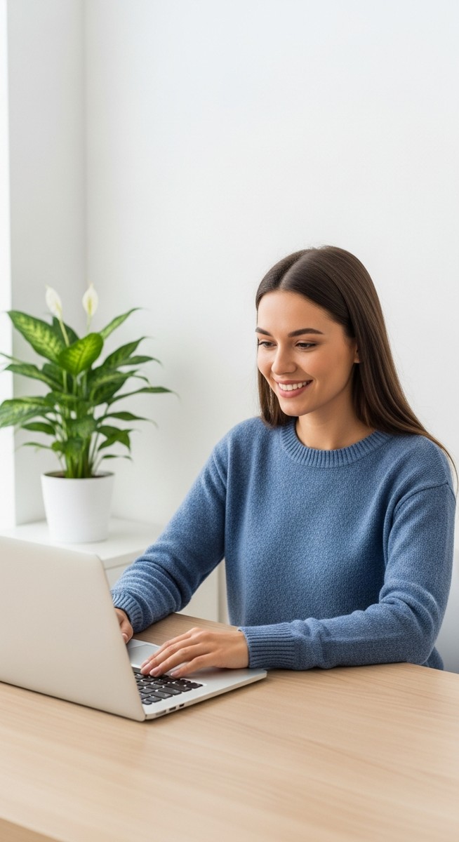a woman looking satisfied at her laptop screen at home to save $10,000