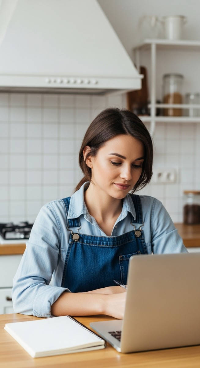 young woman taking notes next to her laptop at a kitchen table