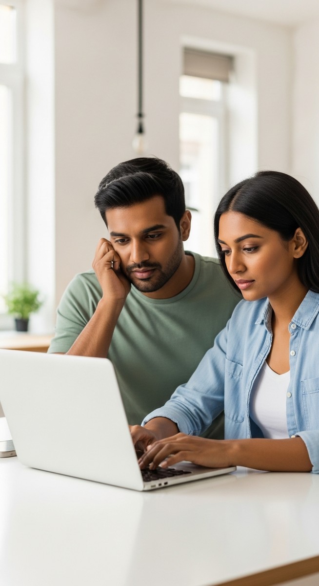 couple comparing furniture prices on a laptop at a kitchen table