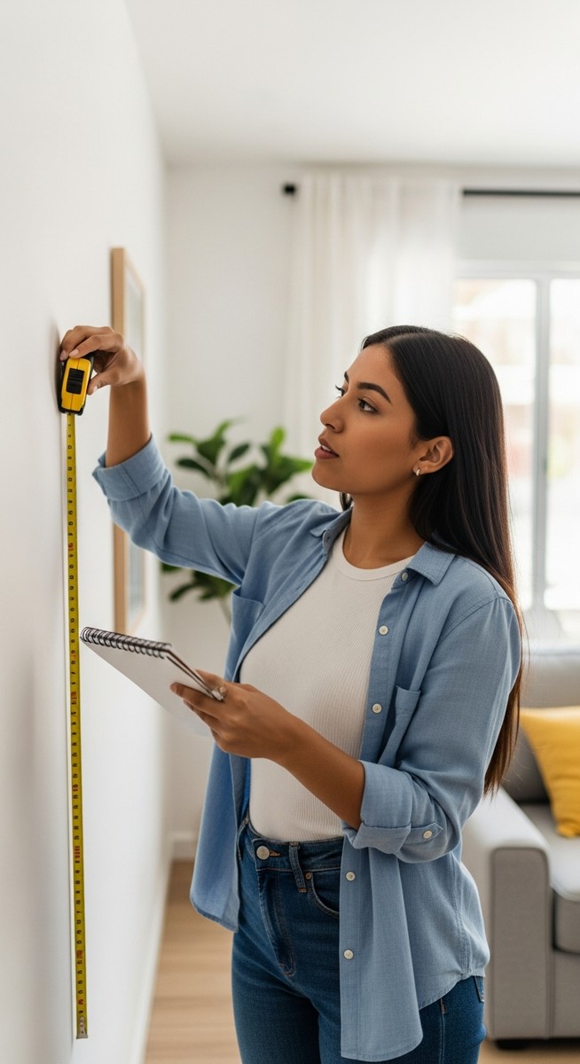 a woman measuring a wall space with a tape measure in a bright living room for saving money