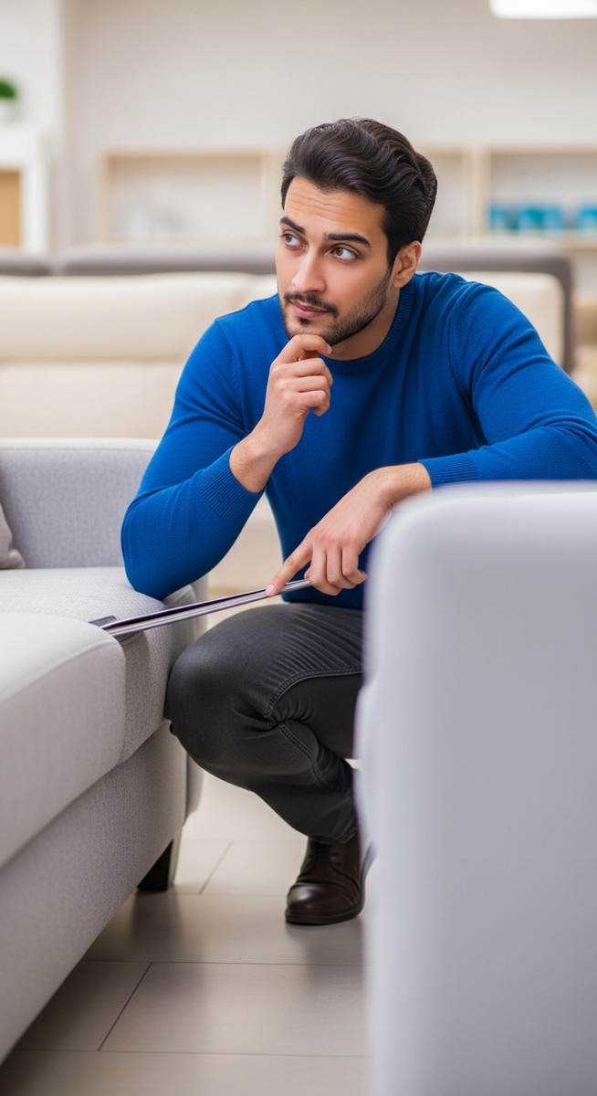 man inspecting the quality of a sofa in a furniture shop