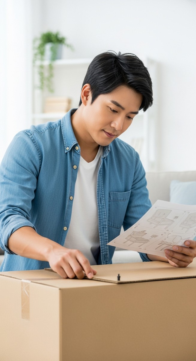 a man assembling flat-pack furniture in a bright living room with instructions for saving money