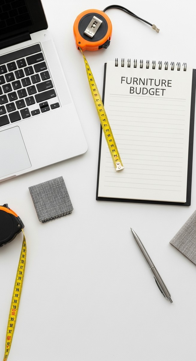 a flatlay of a laptop, a furniture budget notepad, a tape measure, a pen and a fabric swatch on a white surface for saving money