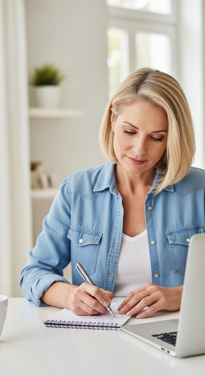 woman planning a furniture budget on a laptop with a notepad at a home desk