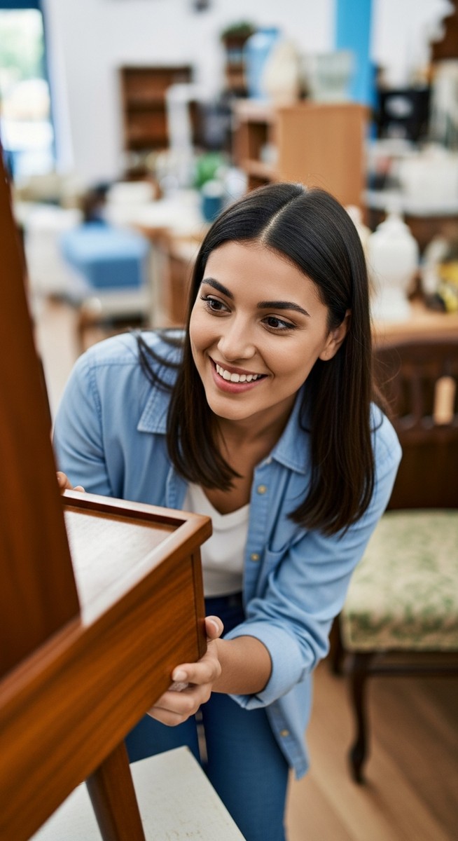 a woman looking excitedly at a piece of second-hand furniture in a thrift shop for saving money