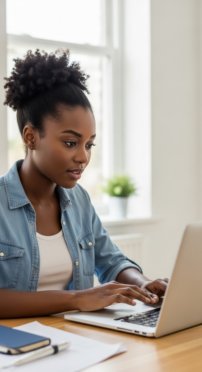 woman browsing second-hand furniture listings on a laptop at a home desk