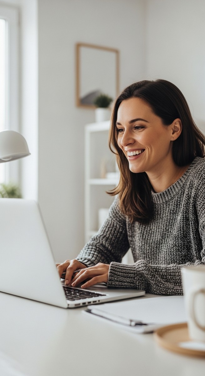 a woman working confidently on her laptop at a bright home desk for saving money