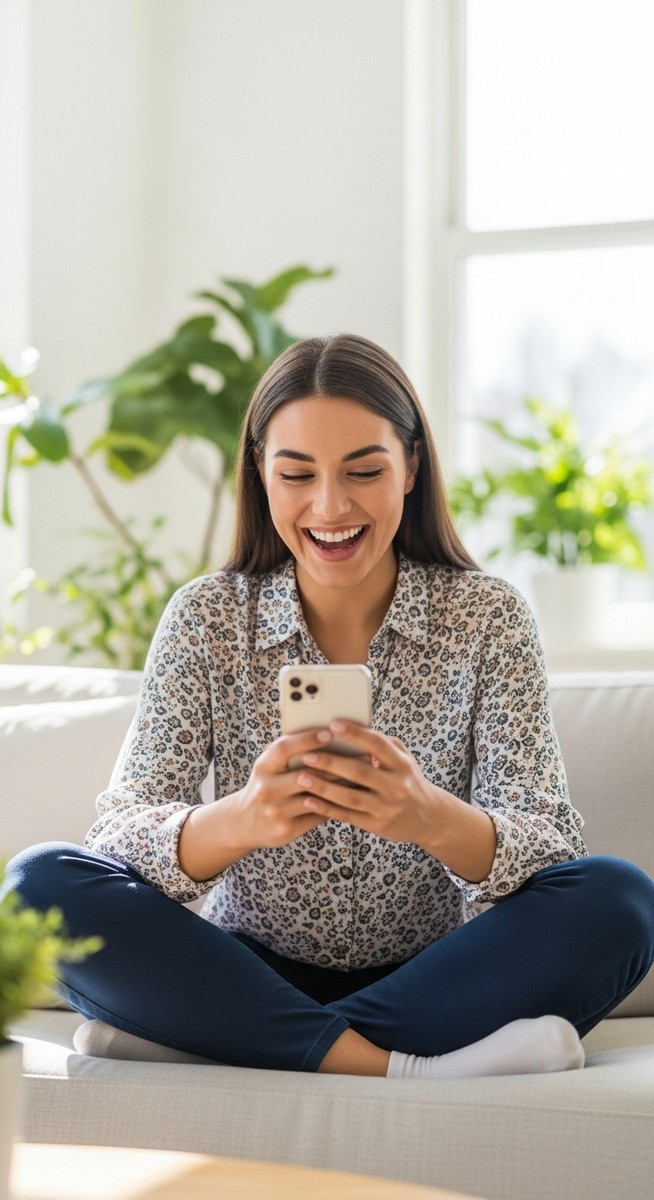 woman smiling at her phone in a bright living room