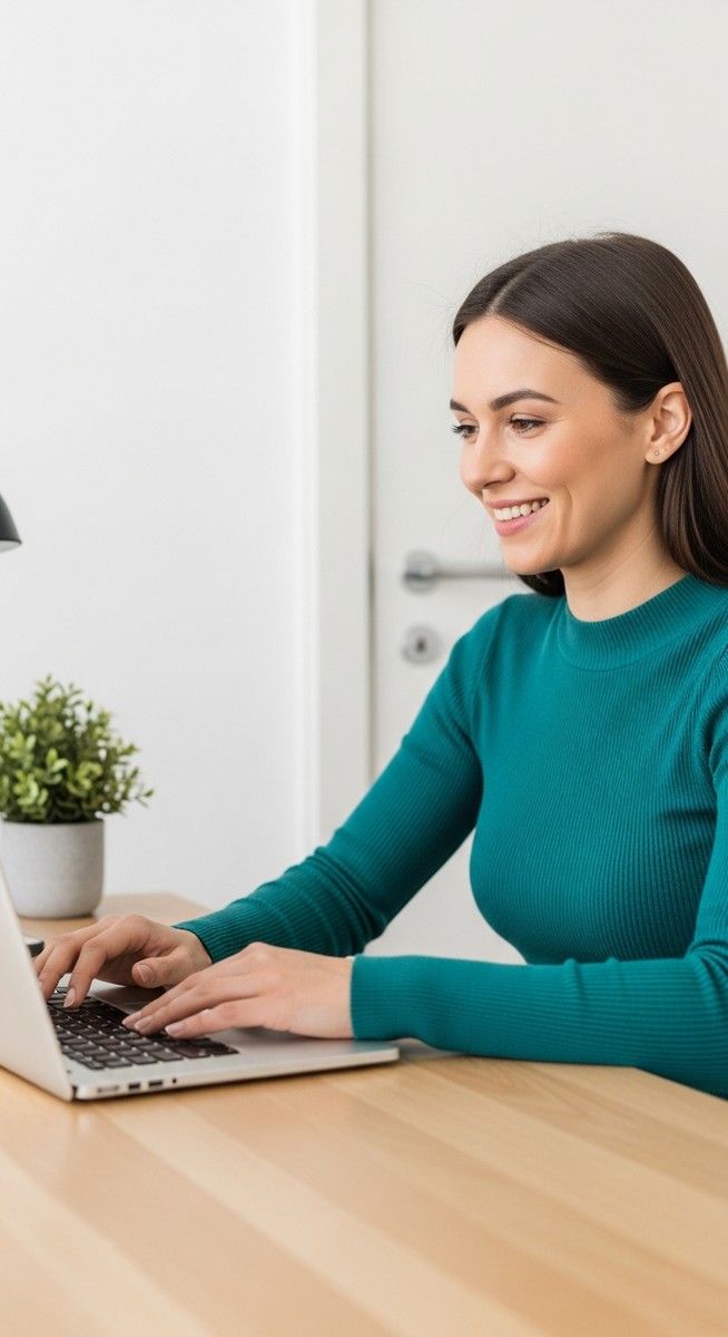 a woman looking satisfied at her laptop screen at home for saving money