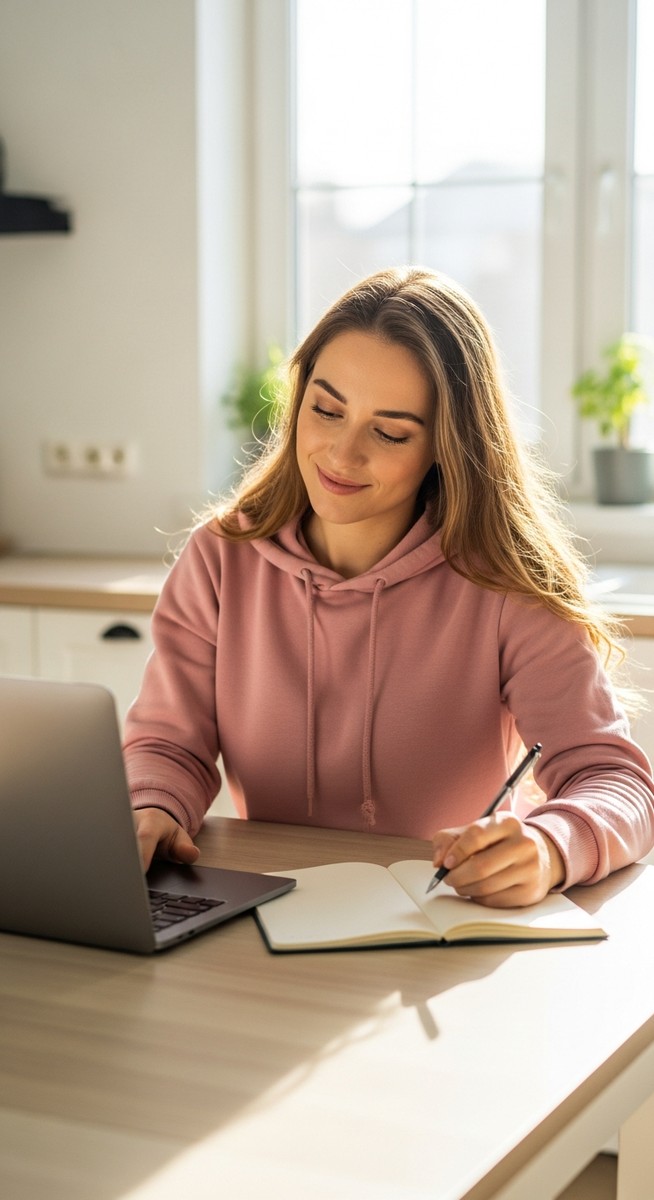 young woman taking notes next to her laptop at a kitchen table