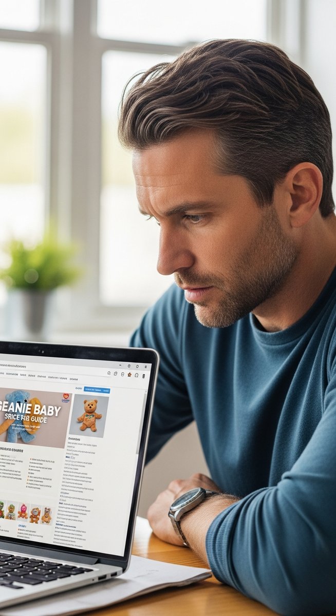 man researching Beanie Baby values on a laptop at a home desk
