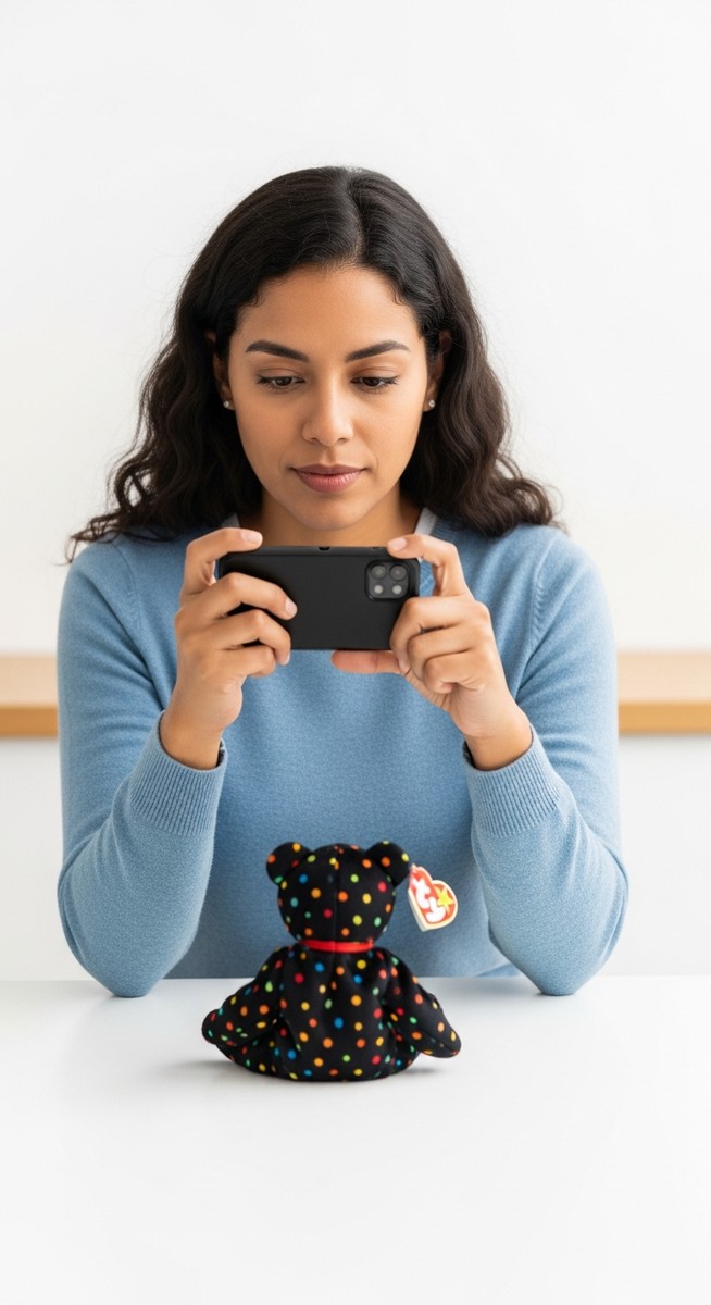 woman photographing a Beanie Baby with her smartphone at a kitchen table
