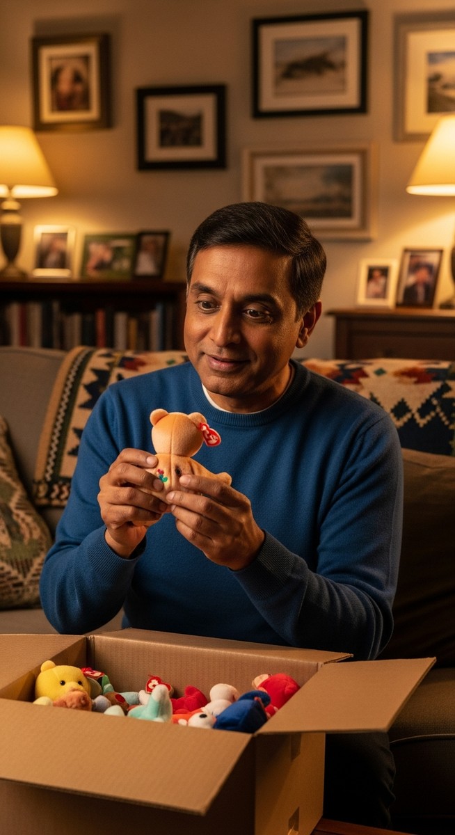 man opening a box of old Beanie Babies in his living room with a nostalgic expression