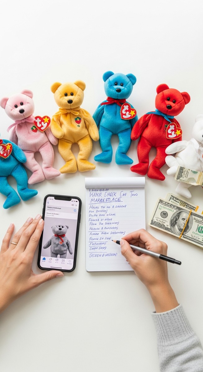 flatlay of Beanie Babies, a smartphone with a marketplace app, a notepad and cash on a white surface