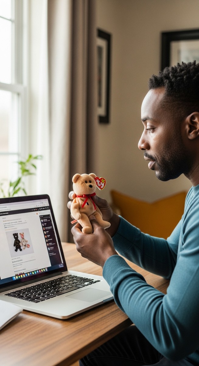man comparing a Beanie Baby to an online marketplace listing on his laptop