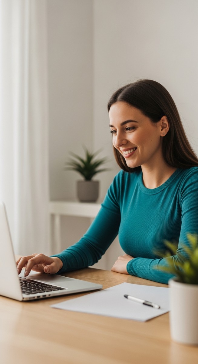 a woman looking satisfied at her laptop screen at home for selling on Etsy