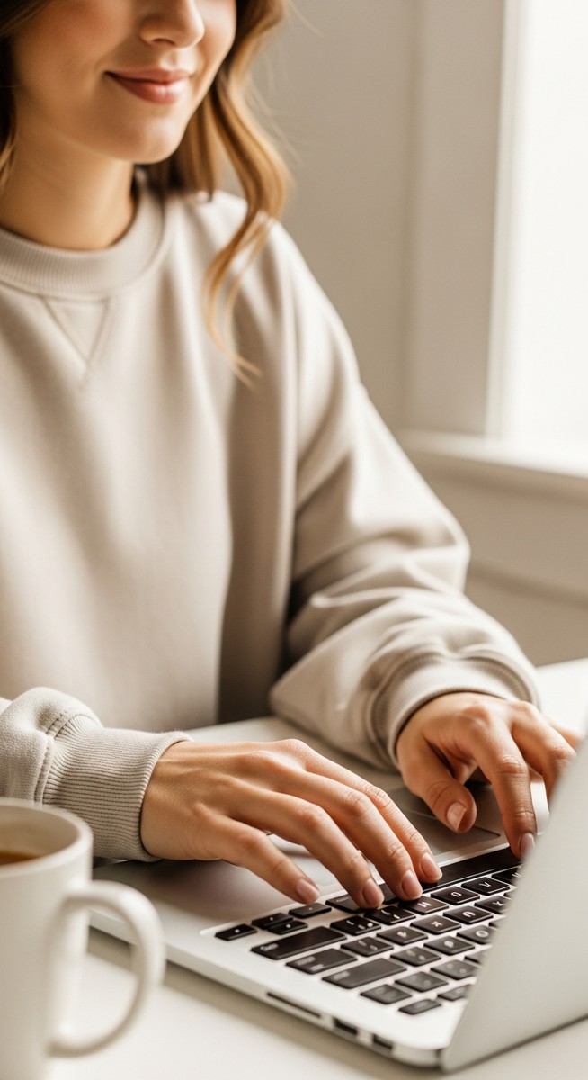woman typing on a laptop at a bright clean desk