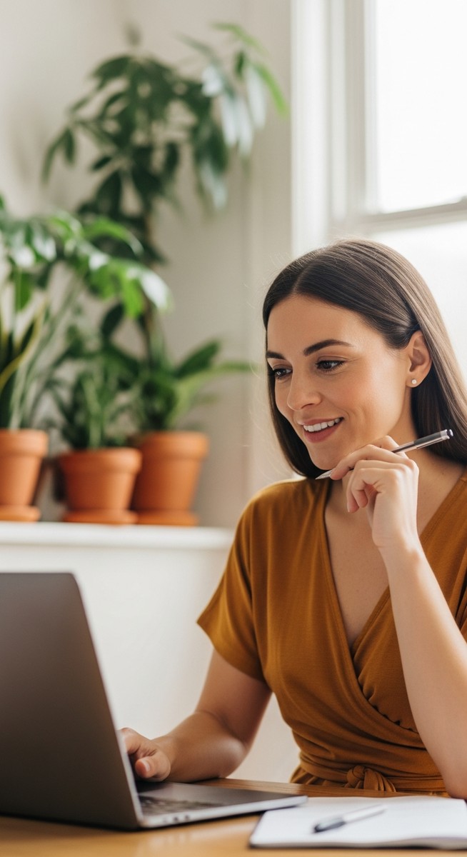 a woman smiling and thinking at her home office desk for selling on Etsy