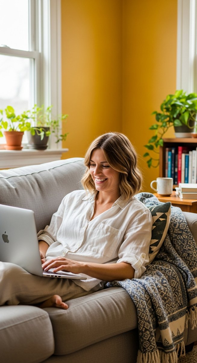 woman smiling while working on her laptop at home