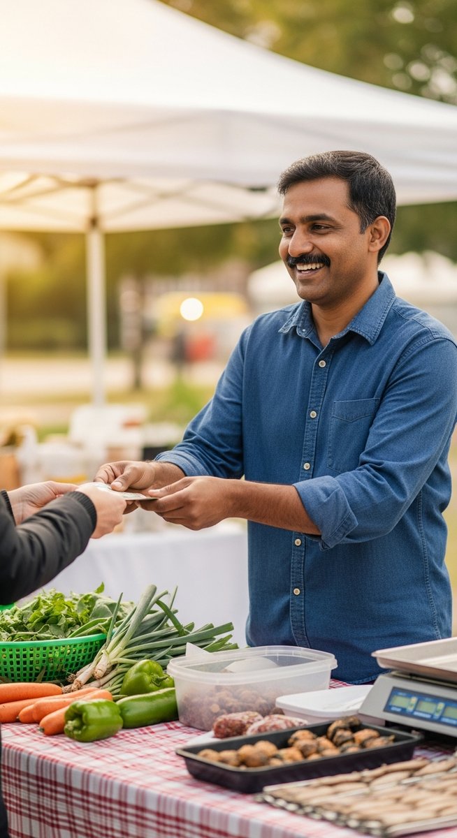 man accepting cash from a customer at an outdoor market stall
