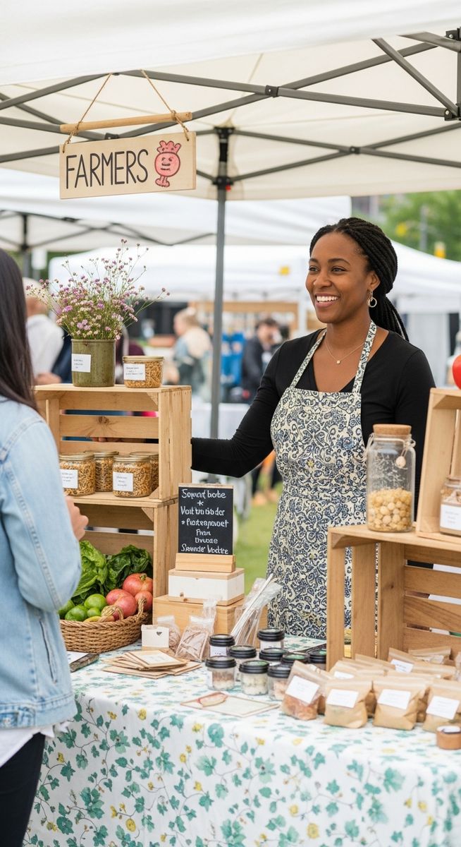 woman standing behind a bright farmers market stall smiling at a customer