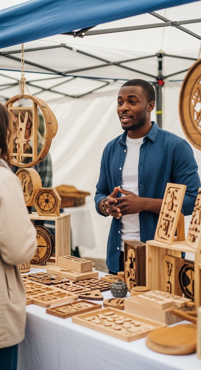 man talking to a customer at a handmade crafts stall at an outdoor market
