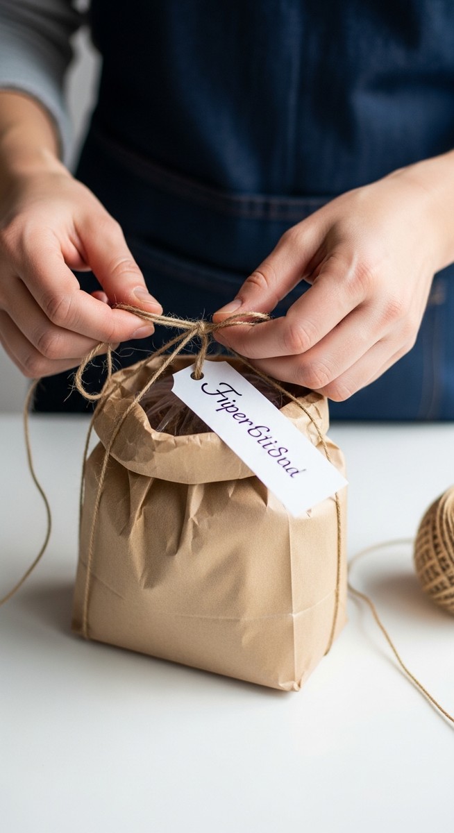 hands tying twine around a paper bag of homemade goods with a handwritten label