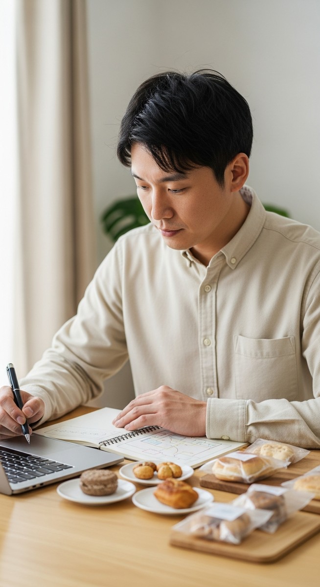 man planning a market stall layout on a laptop with a notepad and product samples
